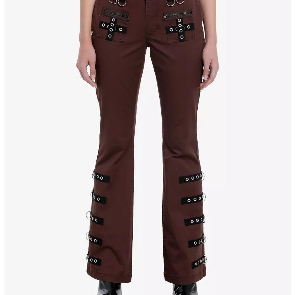 Hot Topic Social Collision Brown Grommet Strap Flare Pants Size 7 juniors
